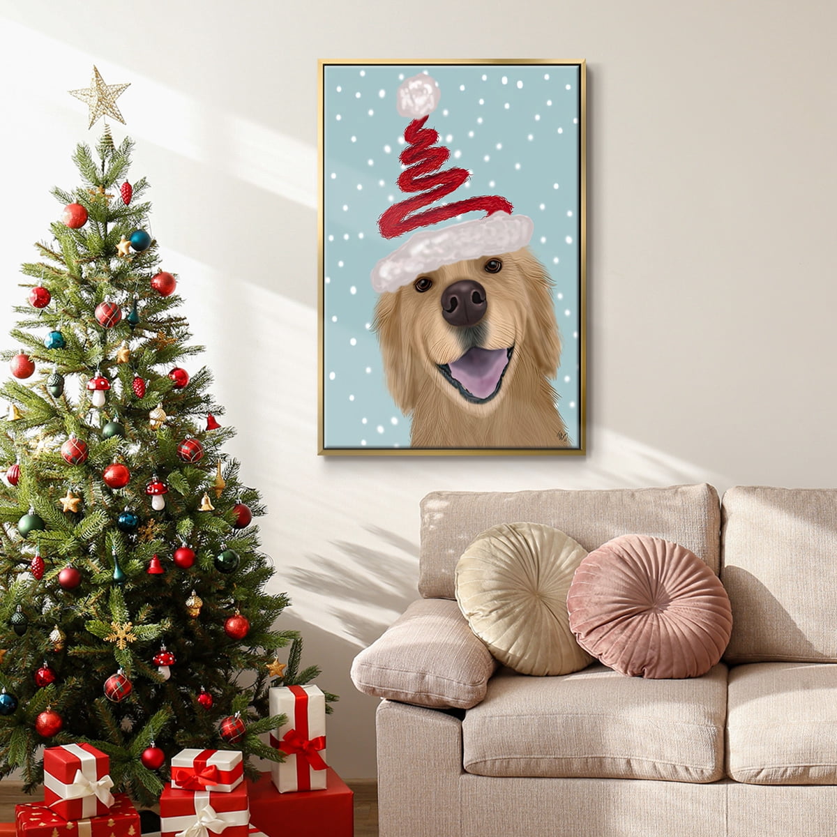 Christmas Golden Retriever and Spring Santa Hat - Framed Gallery Wrapped Holiday Canvas - 27 x 41 - Gold Frame