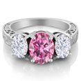 thumbnail image 2 of Gem Stone King 925 Sterling Silver 3-Stone Ring Set with Oval Pink Moissanite and Moissanite Near Colorless (GH, Size 9) (3.80 Cttw, Size 9), 2 of 3