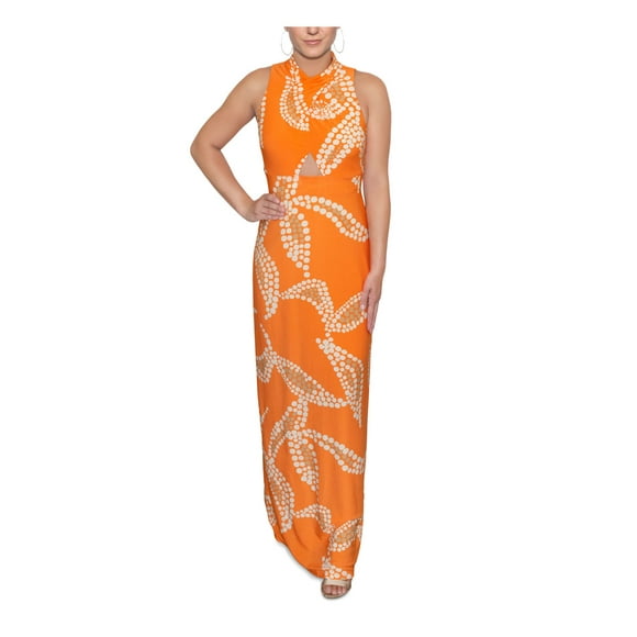 RACHEL RACHEL ROY Womens Orange Zippered Cut Out Back Slit Printed Sleeveless Halter Maxi Party Sheath Dress M