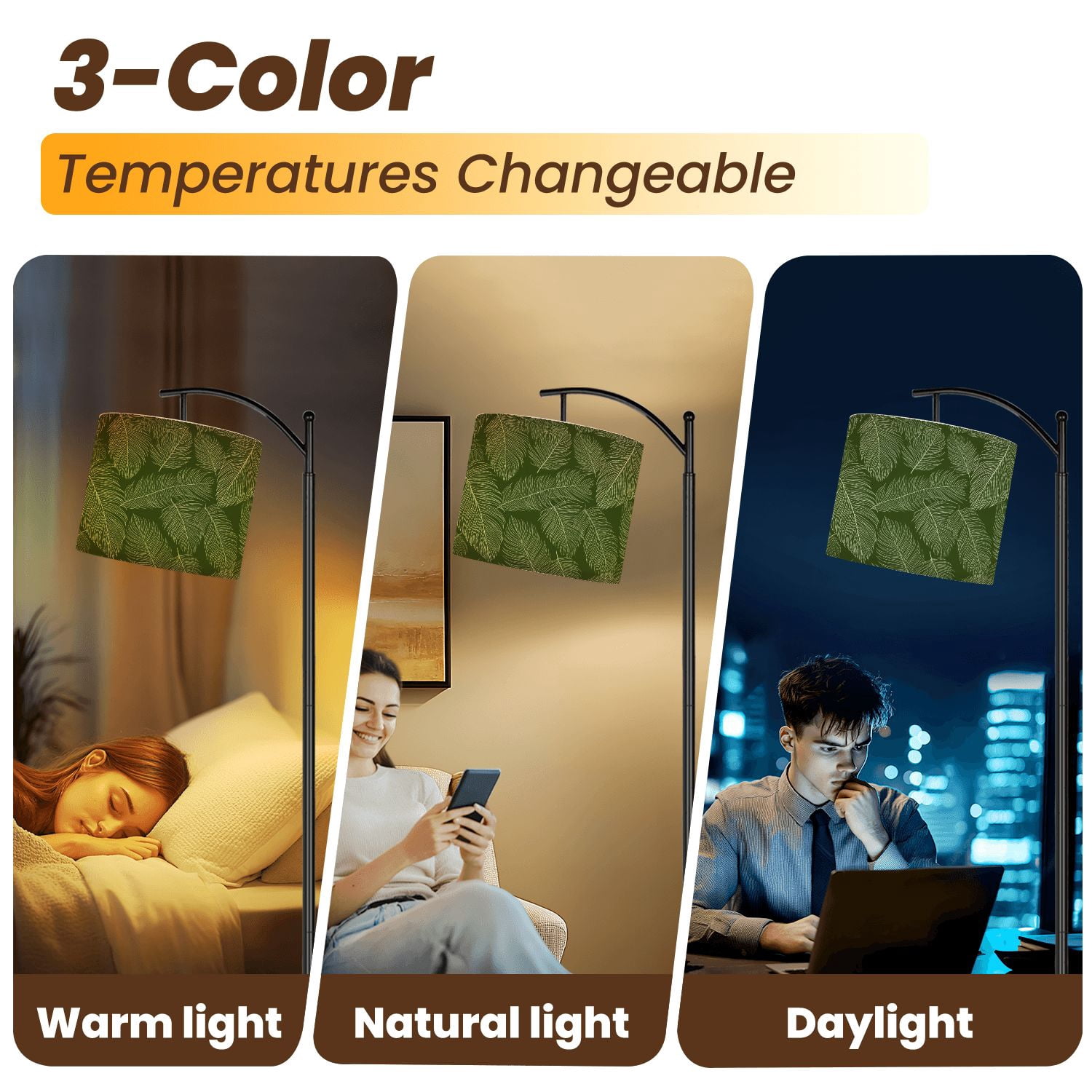 Arc Floor Lamp Luxury Nature green Floral Golden Tall Modern Standing Lamp LED Adjustable Linen Lampshade 3 Color Temperatures
