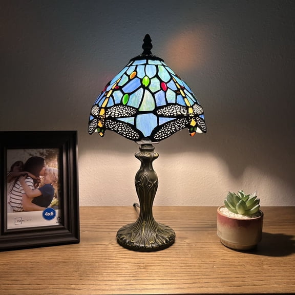 Tiffany Table Lamp Dragonfly Blue Stained Glass Zinc Alloy Base Vintage for Living Room Dining Room Bedroom Bedside Office Hotel H14*W8 in