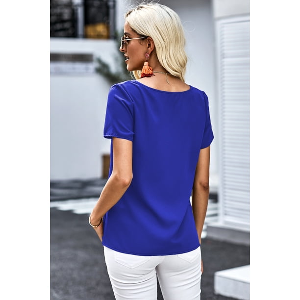 ABPHQTO Blusa de mujer con cuello en V y manga corta con detalles de botones azules