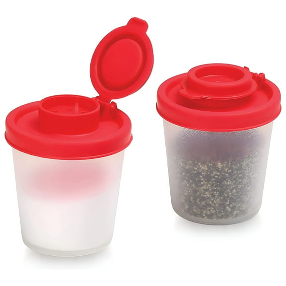 ACDANC Salt and Pepper Shakers Moisture Proof Set of 2 Salt Shaker to go Camping Picnic Outdoors Kitchen Lunch Boxes Travel Spice Set Clear with Red Covers Plastic Airtight Dispenser (Red 2 pieces)