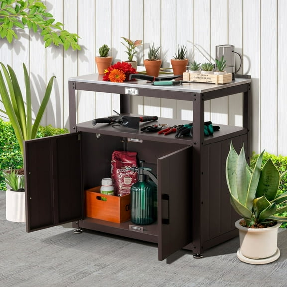 Garden Potting Bench with Storage Cabinet, Outdoor Gardening Table and Plant Workbench, Gardening, with Stainless Steel Tabletop