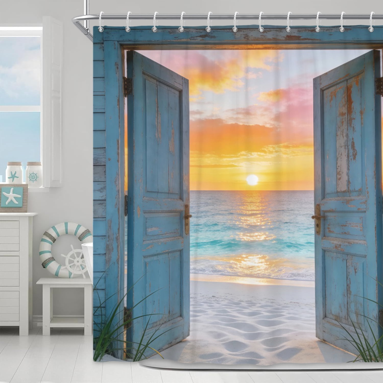 Beach Coastal Shower Curtain,Teal Ocean Sunrise Seascape Nautical Shower Curtain,Rustic Barn Door Seashore Fabric Shower Curtain for Bathroom,60"x72"