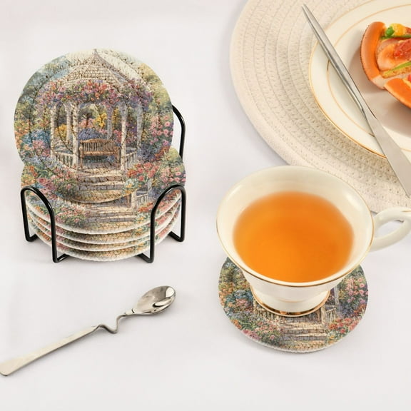 BZSMCE 6Pcs Drink Coasters With Holder 3.94Inch Victorian Gazebo Painting Creative Coil Coaster Coasters Colors Absorbent Coasters for Drinks Coasters Set Thicken Heat for Home Table