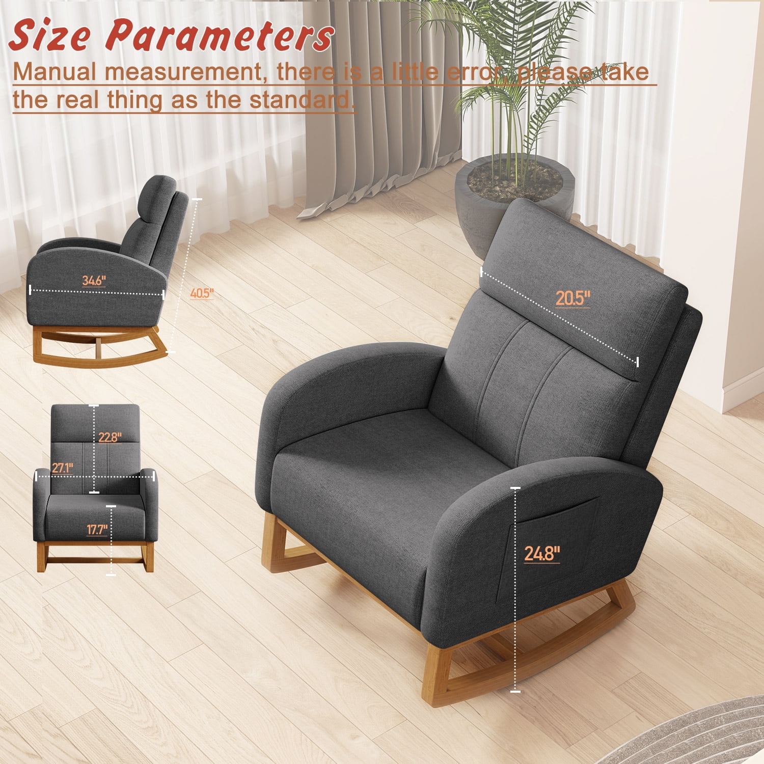 Glider Rocking Chair Nursery Comfy Accent Chair with High Backrest Upholstered Living Room Chairs with Side Pocket Armchair Reading Chair for Bedroom Nursery Office, Grey