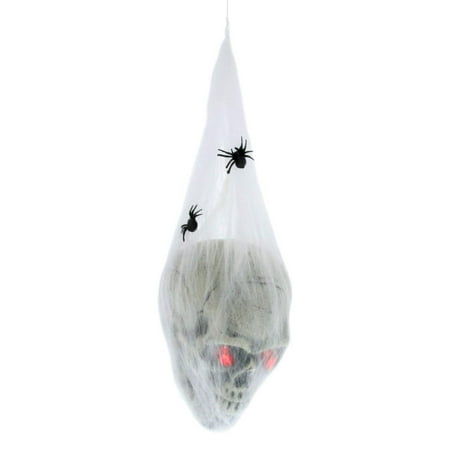 Hanging Life-Size Human Skull Inside Cocoon Spider Web Prop Decoration - Evil Eyes Light-Up - Spooky Human Skeleton Head