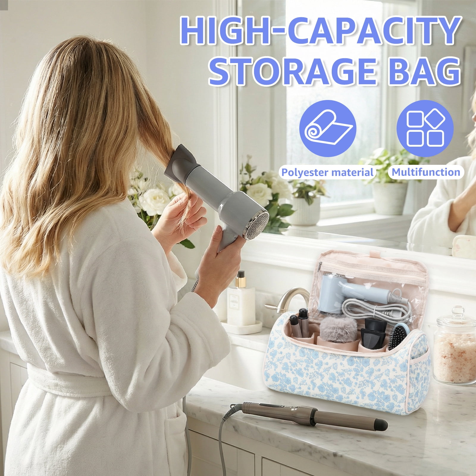 NUAHRHY Travel Makeup Bag with Handle, Cosmetic Organizer Bag Toiletry Bag for Women Girls, Cute Travel Essentials Case with Compartments, Vertical Make up Storage Bag Hair Dryer Holder