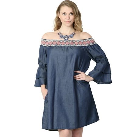 TheMogan Junior's Plus Tiered Sleeve Off The Shoulder Chambray Shift Dress