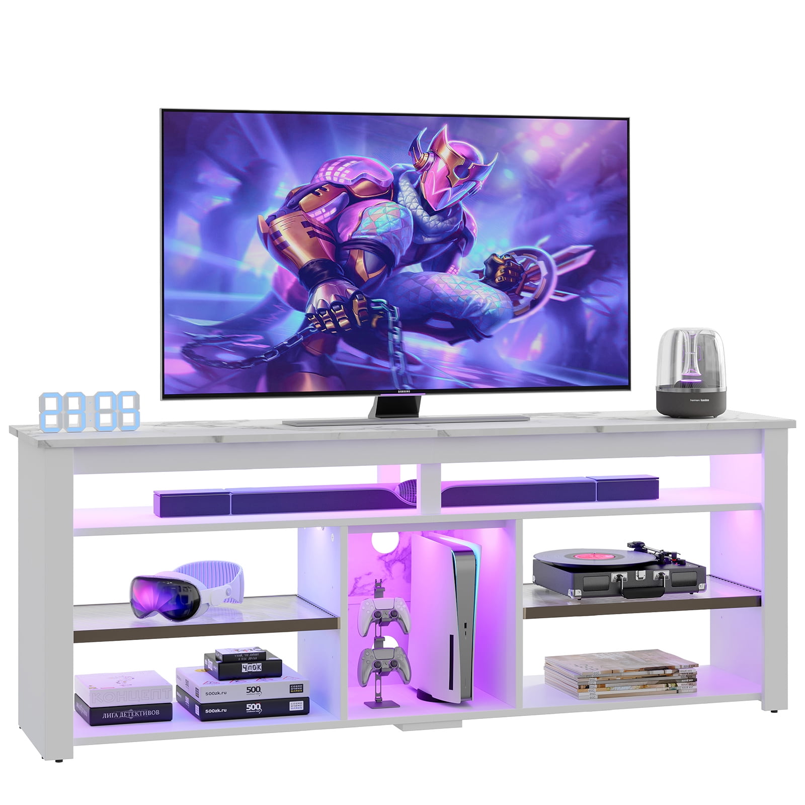 Bestier 63" Tall TV Stand with LED Lights, Entertainment Center for TVs up to 70 inch, TV Console with Storage & Adjustable Shelves in White Marble