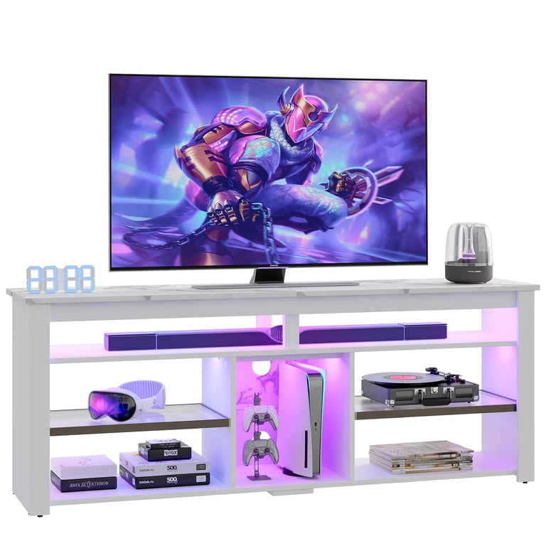 Bestier 63" TV Stand with LED Lights, White Marble photo 6