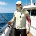 thumbnail image 7 of Men's Abstract Print Hooded Fishing Shirt with Face Mask - Long Sleeve UPF 50+ Quick-Dry Sun Protection Pullover with Zipper Pocket, Drop-Shoulder Outdoor Top for Hiking & Sports Khaki M, 7 of 7