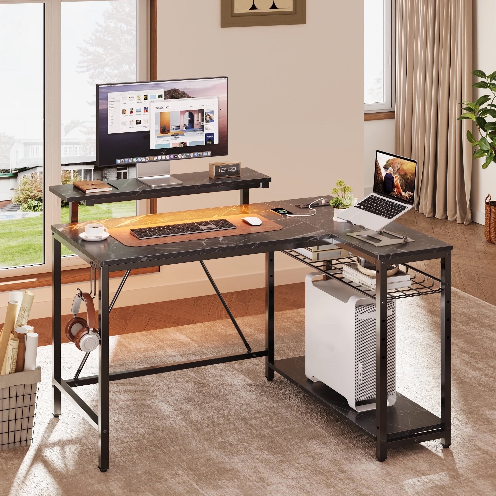 RSPGAME 42" Reversible L-Shaped Gaming Desk with Power Outlets, LED Lights, Monitor Stand & Headset Hooks for Small Spaces, Bedrooms & Home Offices, Black Marble