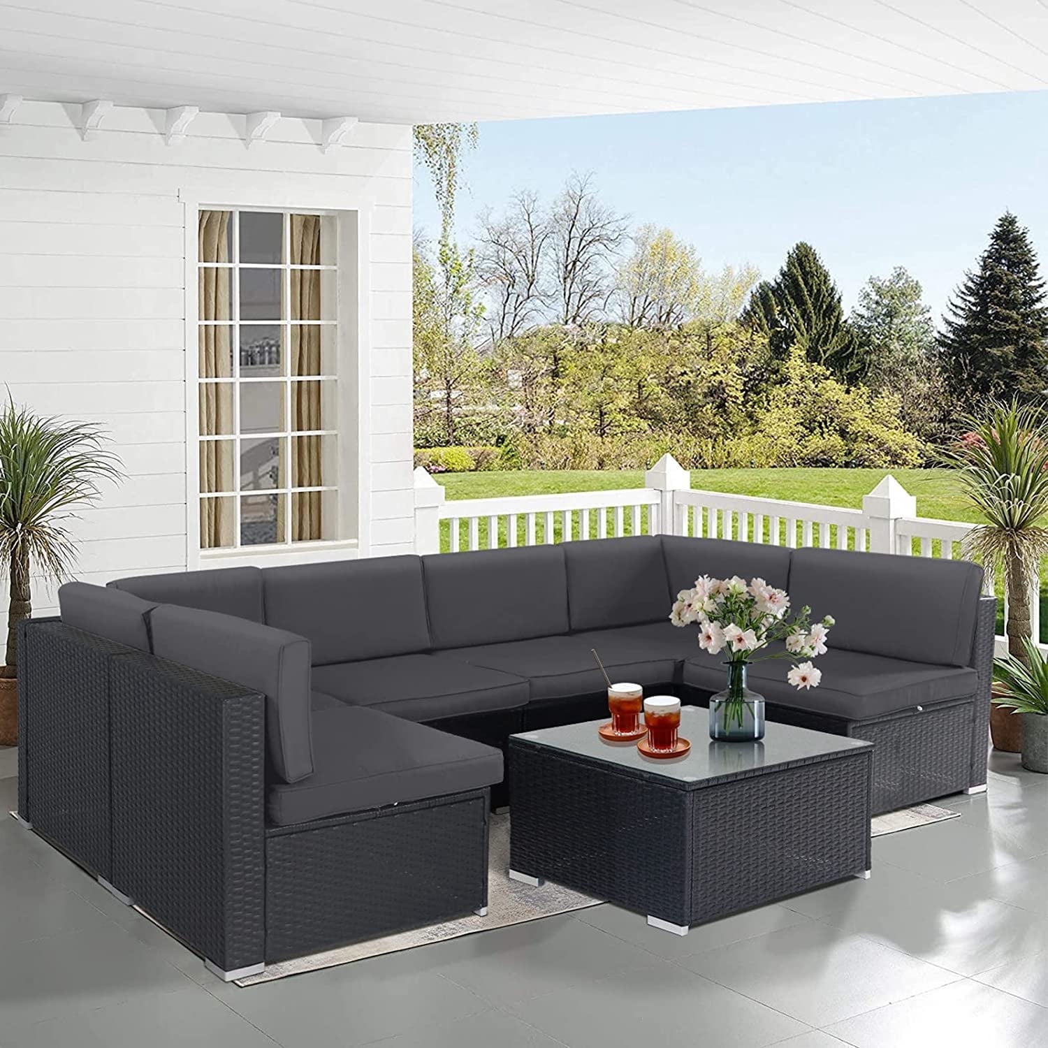 SOLAURA 7-Piece Patio Furniture Outdoor Black Wicker Rattan Sectional Sofa Set Conversation Set with Gray Cushions