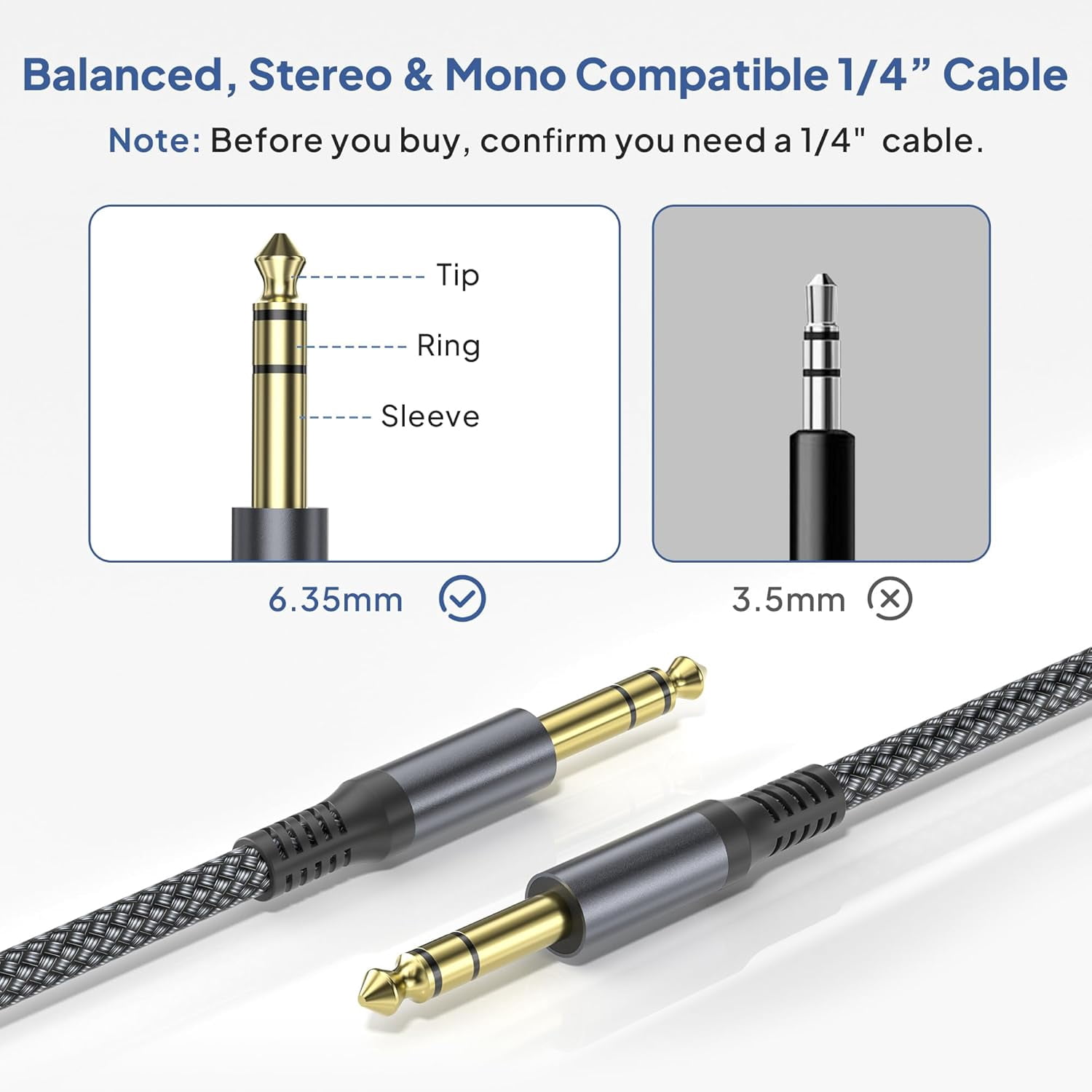 1/4 Inch TRS Instrument Guitar Cable 10ft 2Pack,Straight 6.35mm Guitar Bass AMP Cord,Quarter Inch 6.3mm Male Jack Stereo Audio Balanced Line for Electric Guitar,Bass,Keyboard,Amplifier,Speaker
