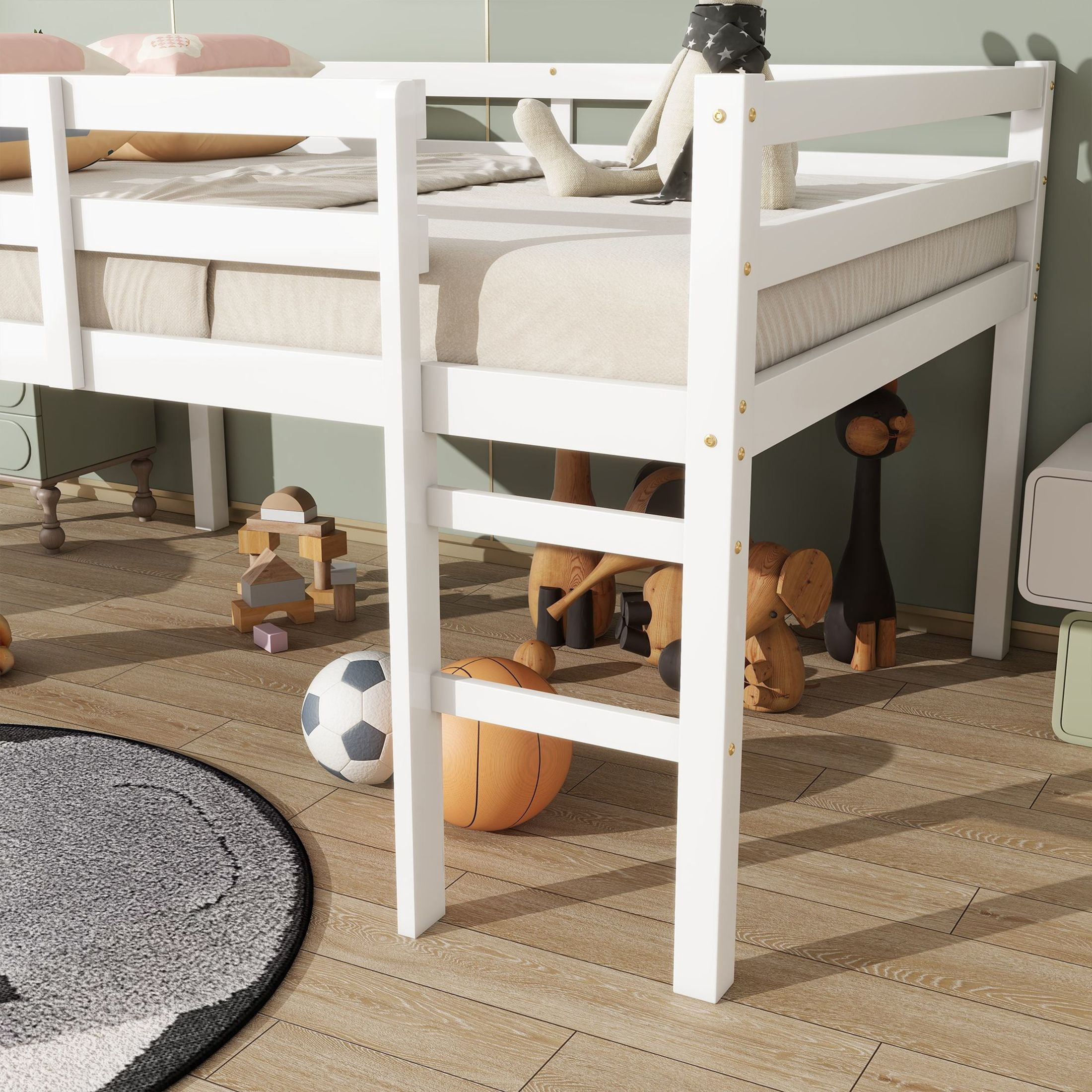 Noble House Full Loft Bed, Rubber Wood Frame with Ladder, Guardrails & Space-Saving Storage Design, White