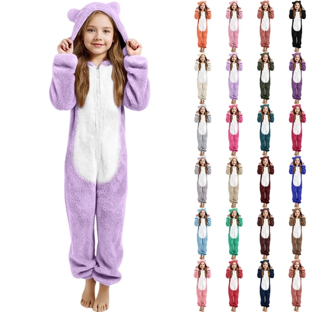MKOSPLRT Girls Fleece Robe Hooded Fuzzy Long Bathrobe Warm Plush Sleepwear Soft Comfy Bath Robes Solid Winter Pj Robes with Pocket 5-15Y