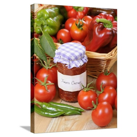 Country Kitchen Scene with Home Made Chutney and Ingredients - Tomatoes and Peppers, UK Stretched Canvas Print Wall Art By Gary Smith