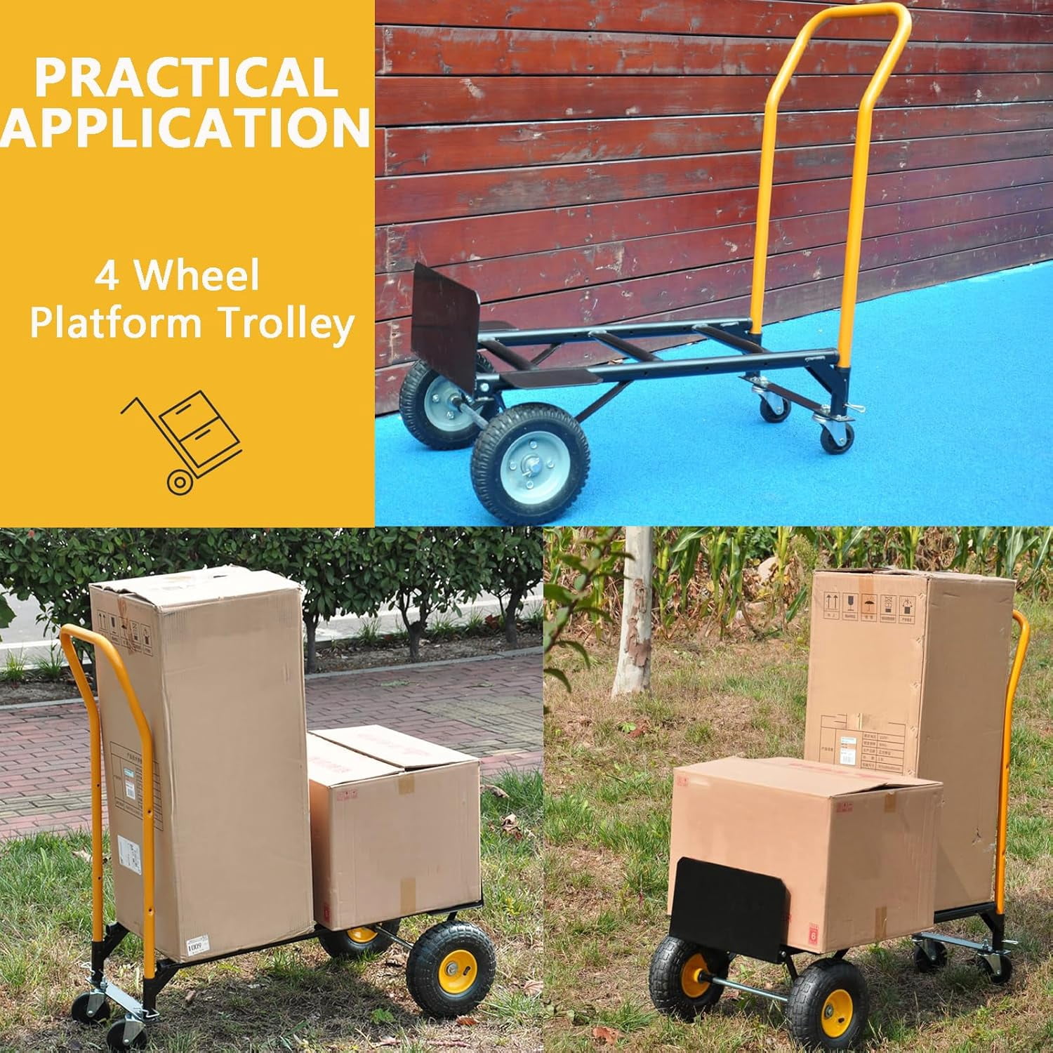 Accreate 4-Wheel Convertible Hand Truck, 2-in-1 Platform Dolly with Solid Tires, Functions as 2-Wheel Dolly Cart or 4-Wheel Push Cart for Moving in Warehouse, Garden, or Grocery