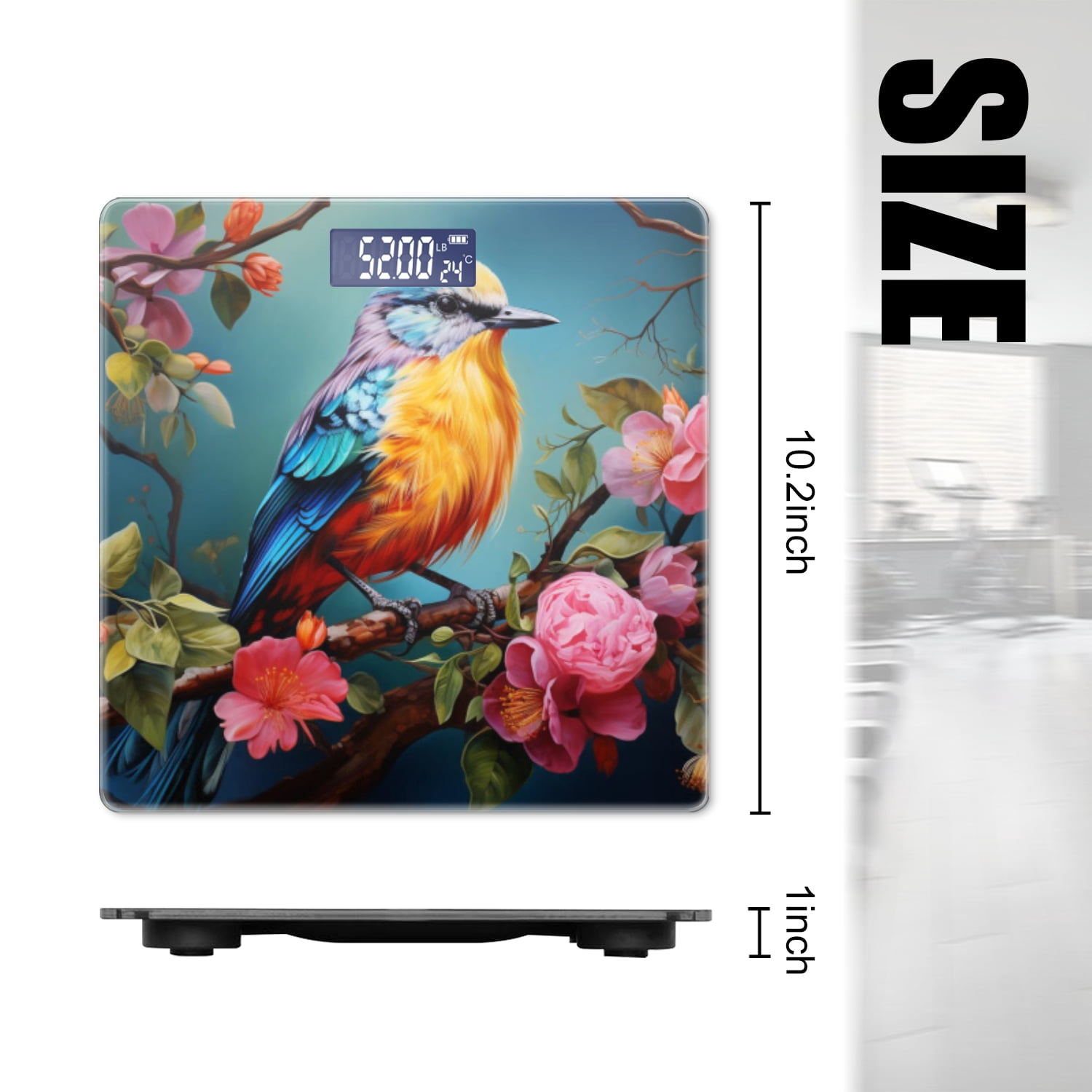 High Precision Body Weight Scale Smart Bathroom Scales with Large LCD Display(400lbs),Decorative for Bedroom-Colorful Bird Sitting On Branch With Flowers