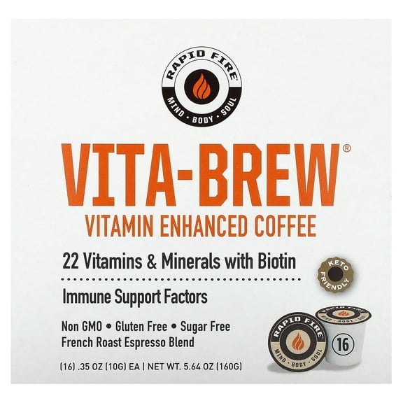 RAPIDFIRE Vita-Brew, Vitamin Enhanced Coffee, French Roast Espresso Blend, 16 K-Cup, 0.35 oz (10 g) Each