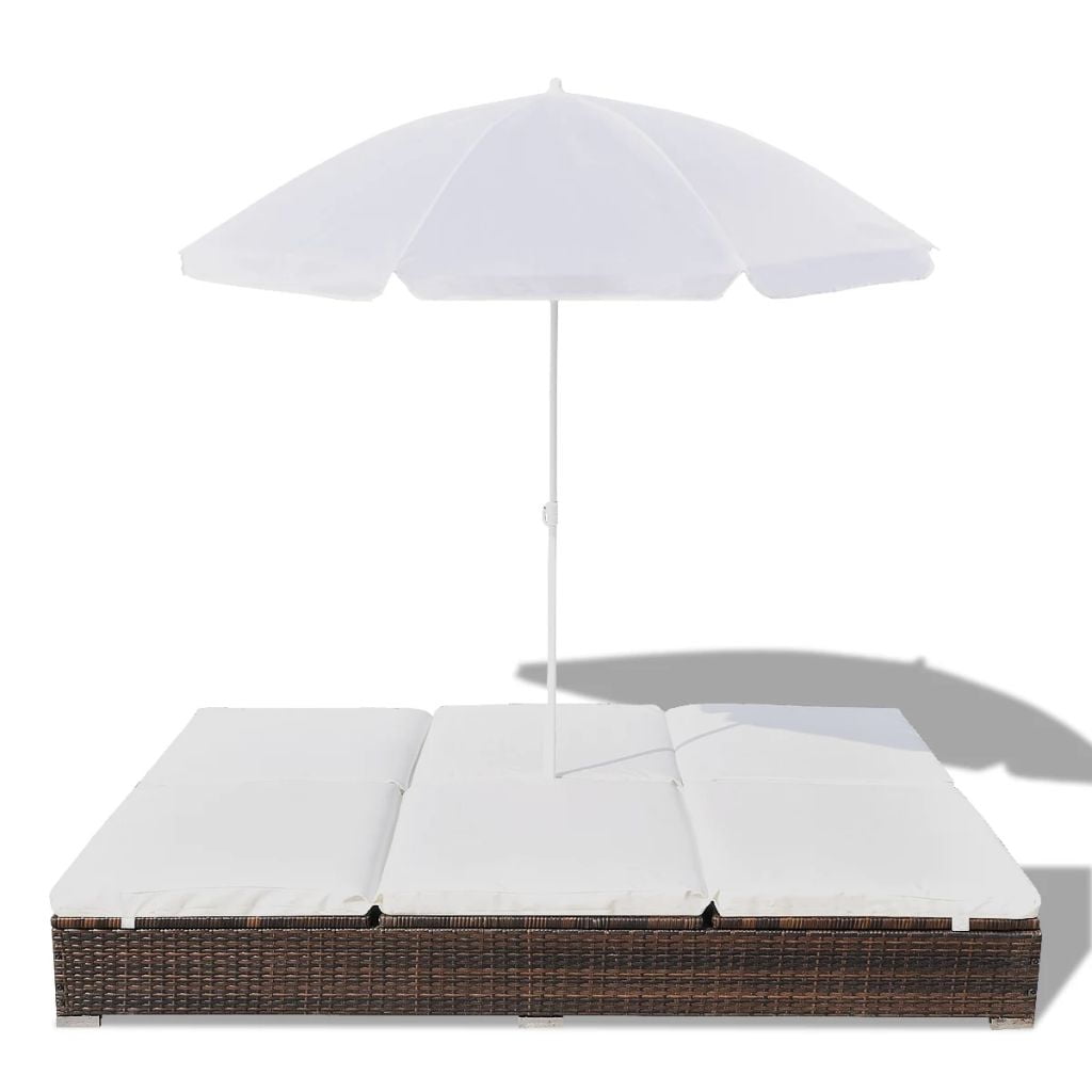 Kepooman Outdoor Poly 2-Seat Adjustable Rattan Lounge Bed with Parasol for Patio Beach, Brown Kepooman Outdoor Poly 2-Seat Adjustable Rattan Lounge Bed with Parasol for Patio Beach, Brown