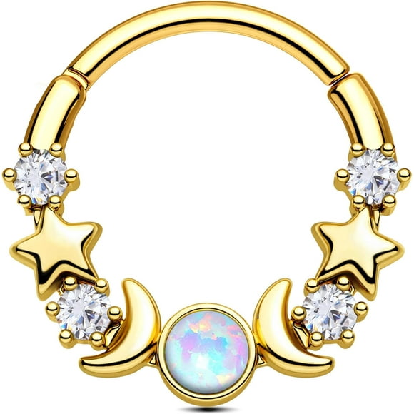 Moon Phase Septum Ring 16G Opal Septum Piercing Jewelry Star Daith Earrings 316L Stainless Steel Daith Piercing Hoop for Women Gold-8mm