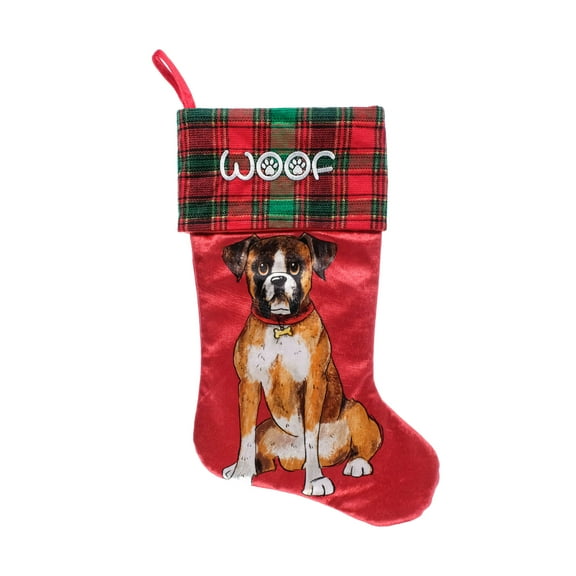 ASPCA, Boxer 20 inch Velour Christmas Stocking, Red, Multi-Color