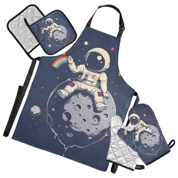 Astronaut on Moon 5 Pcs Kitchen Set Heat Resistant Oven Mitts and Non-Slip Pot Holders with Adjustable Cooking Apron