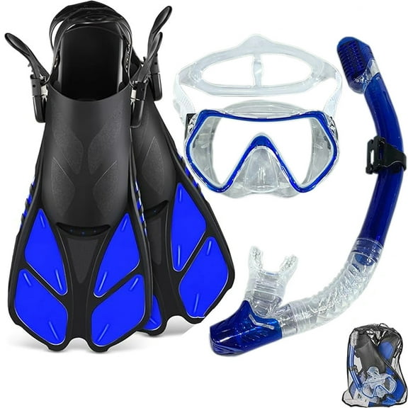 Mask Fin Snorkel Set, Travel Size Snorkeling Gear for Adults with Panoramic View Anti-Fog Mask, Trek Fins, Dry Top Snorkel and Gear Bag for Swimming Training, Snorkeling Kit Diving Packages
