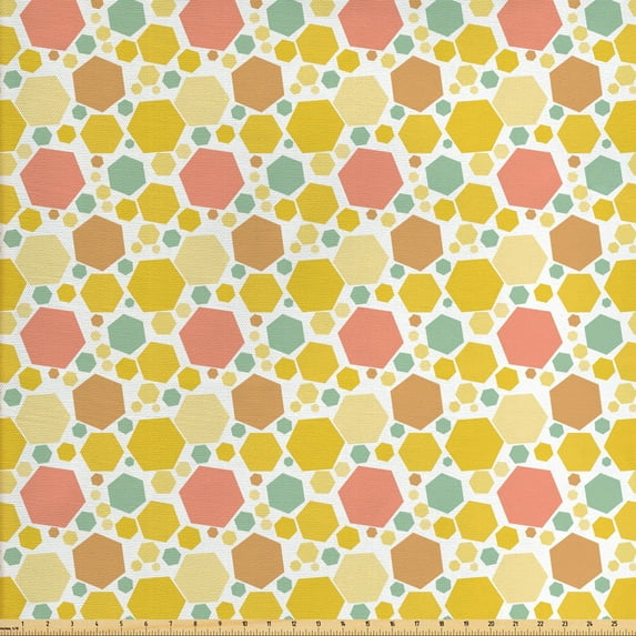 Geometric Fabric by the Yard Upholstery, Pastel Toned Big and Little Abstract Hexagon Shapes on Plain Background Print, Decorative Fabric for DIY and Home Accents, Multicolor by Ambesonne