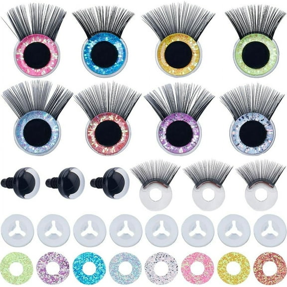 16 Sets 8 Colors Glitter Plastic Doll Eye with Eyelashes Doll Eye Make Up Accessories for Doll DIY Craft Making Mixed Color 22x14mm 2 sets/color