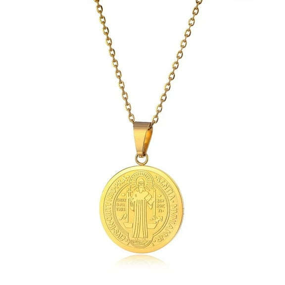 Religious San Benito Medal Pendant 14K Yellow Gold Chain Golden Silver Color Cross Jesus Saint Benedict Necklaces for Women Men Jewelry