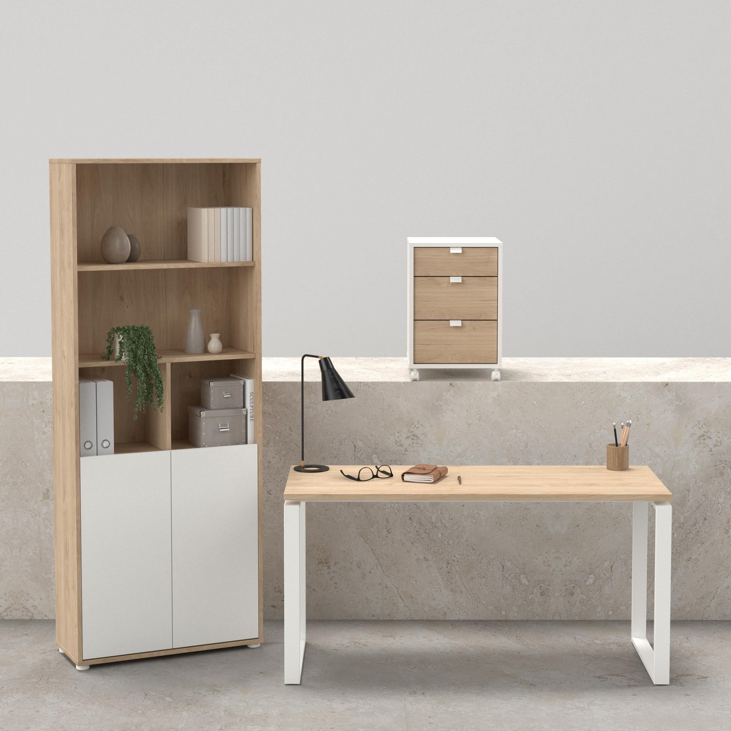 Tvilum Sign 3-Piece Home Office Set with Desk, Storage Bookcase and Mobile Storage, Jackson Hickory and White
