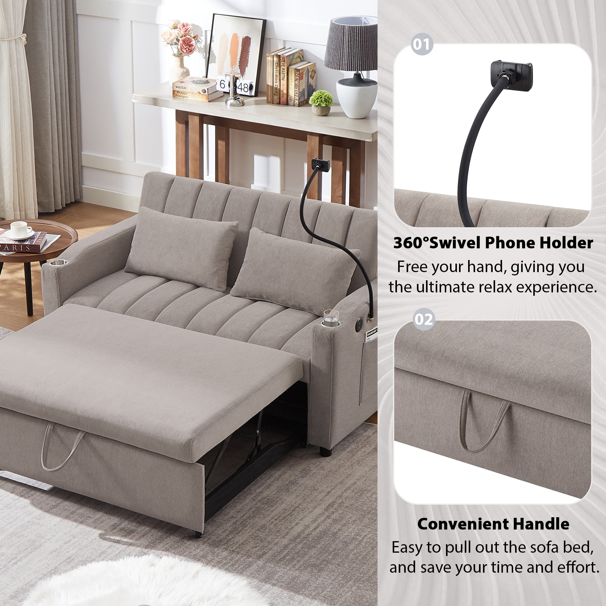 EUROCO 1100LBS Queen Pull Out Sofa Bed, 55.9" Convertible Sleeper Loveseat with 3 USB Ports, 2 Side Pockets,2 Cup Holders and 360°Swivel Phone Holder,Modern Loveseat Sofa for Living Room