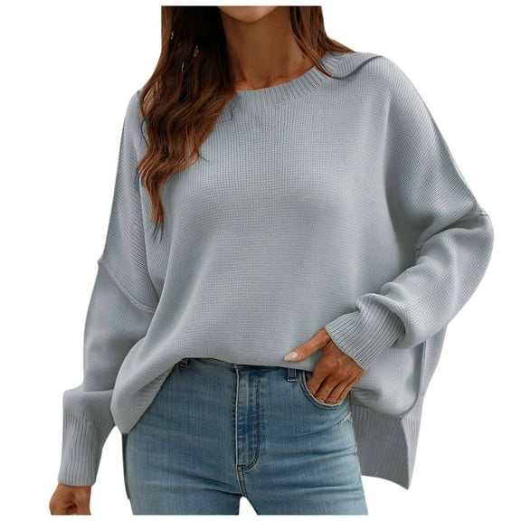 Trendy Solid Oversized Sweaters for Women Baggy Long Sleeve Slit Sweater Round Neck Pullover Sweater Tops