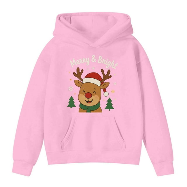MIASHUI Chandail à Capuchon et Chandail pour Filles pour Enfants, Haut Douillet Imprimé Sans Fermeture Éclair avec Motif Festif pour le Jeu Extérieur Décontracté au Quotidien Rose, 7-8 Ans