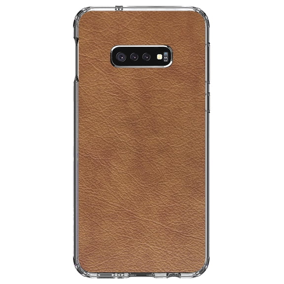 DistinctInk Clear Shockproof Hybrid Case for Samsung Galaxy S10e (5.8" Screen) - TPU Bumper, Acrylic Back, Tempered Glass Screen Protector - Dark Brown Faux Leather Print Design - Printed Leather