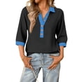 thumbnail image 2 of Polo Shirts for Women Button Deep V Neck 3/4 Length Sleeve Summer Tops Patchwork Casual Comfy Loose Fit Cute T Shirts, 2 of 5