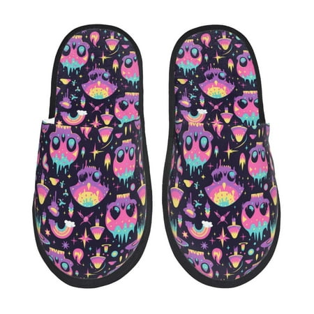 Balery cartoon Skull rainbow space Slient Indoor Furry Fleece Comfort House Shoes Soft Non-Slip Home Shoes Cotton slippers House Slippers-- Large