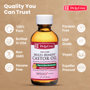 De La Cruz 100% Pure Multi Benefit Castor Oil, Expeller Pressed USP Grade Castor Oil for Hair, Skin, Eyelashes & Eyebrows, 2 Fl Oz, 2 Pack