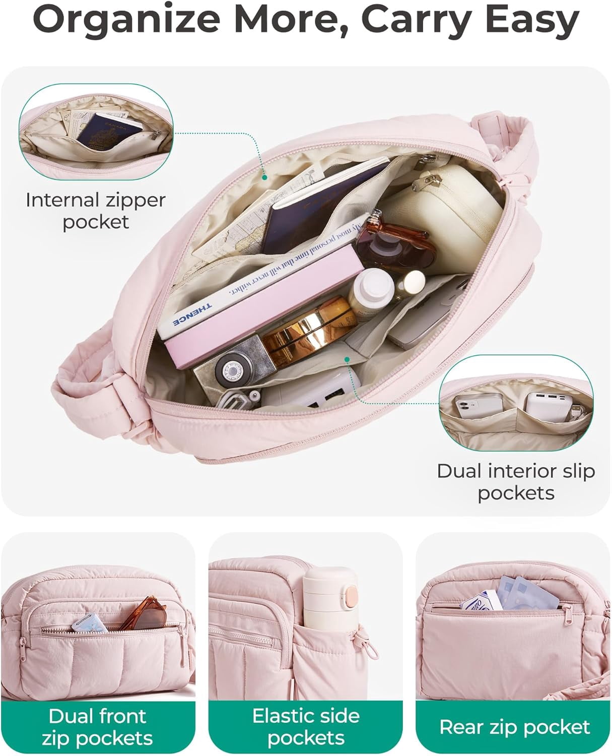 Kwuty Cross Body Purse, Mini Crossbody Bags for Women Travel Purse, Puffy Shoulder Handbag Wallet with RFID Blocking Slots（Pink-Large）