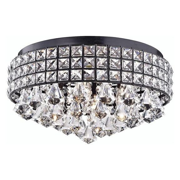 Crystal Drum Flush Mount Chandelier, 4 Lights Luxury Glam Light Fixture with Antique Black Finish, Square Beaded Crystal Drum Shade, Flush Ceiling Light for Entryway, Bedroom, Closet