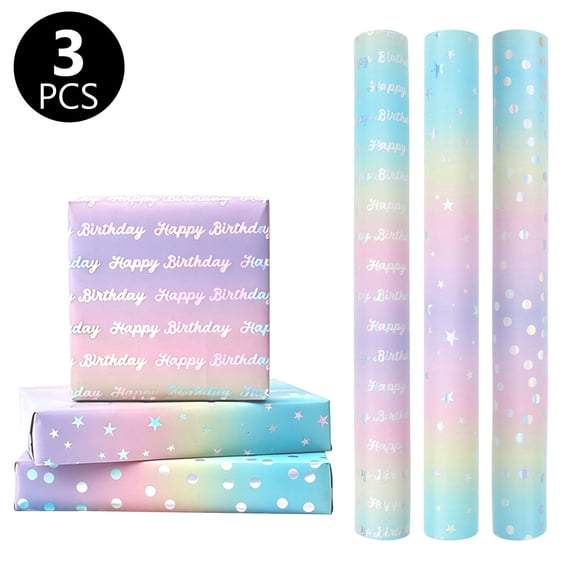 Hengbo 3-Piece Gradient Wrapping Paper Roll Set 17 inch X 10 feet Featuring Unique Designs with Irregular Polka Dots Star and Happy Birthday Patterns for Creative Gift Wrapping
