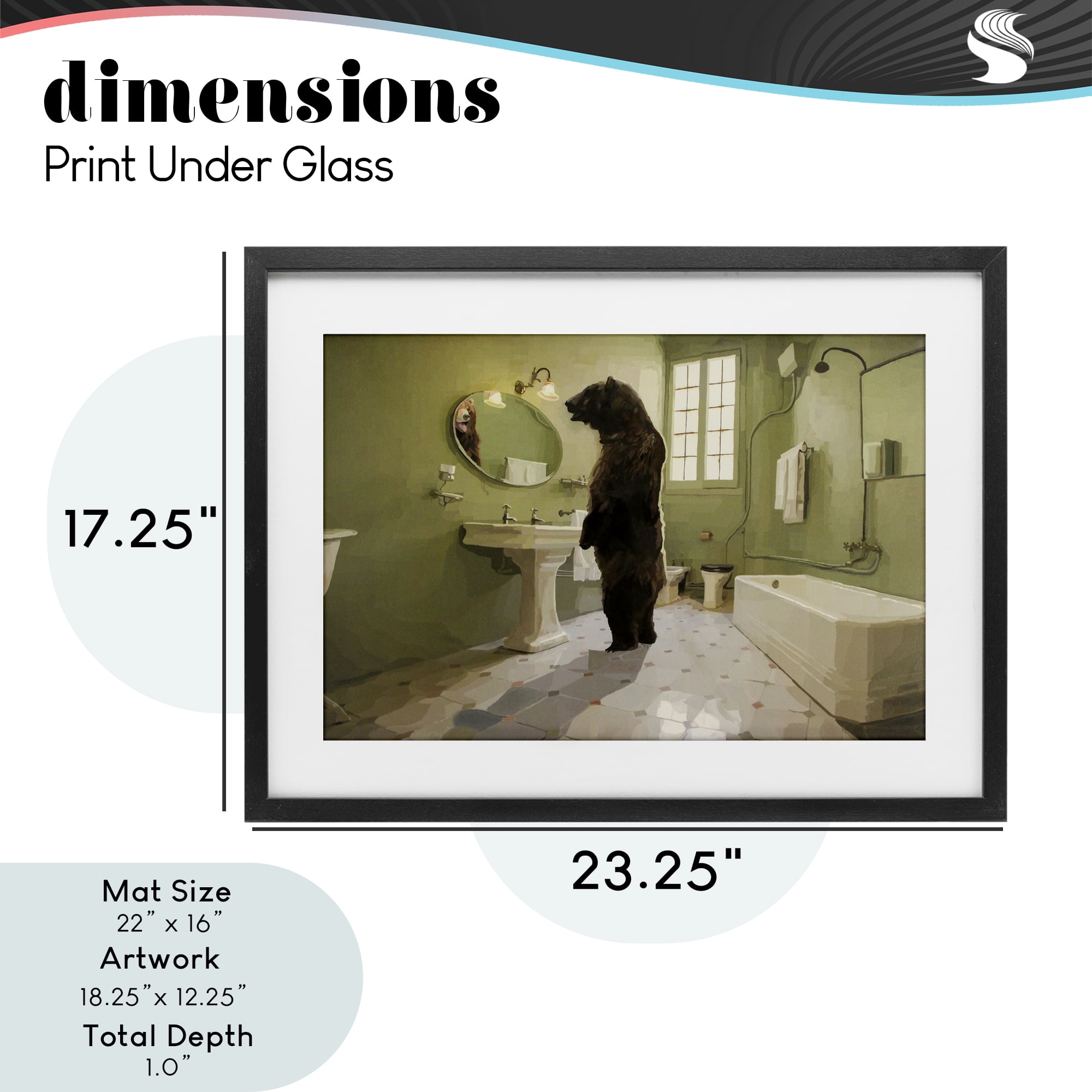 The Houseguest Bear in Bathroom Black Framed Print Under Glass, design by Keith Thomson