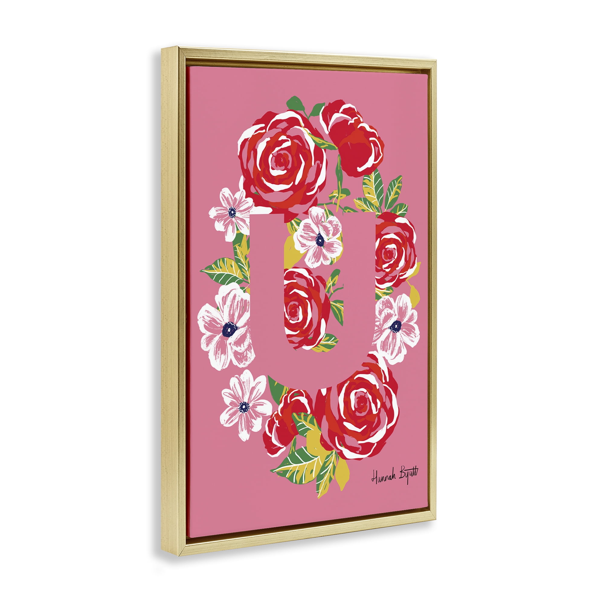 Stupell Industries Floral Bloom Letter U Botanical & Floral Painting Gold Floater Framed Art Print Wall Art, 17 x 25