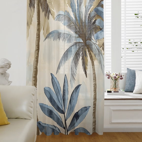 Palm Trees Sheer Curtains 45 Inch Length, Light Filtering Voile Curtain Panel, Blue Brown Vintage Watercolor Tropical Rod Pocket Drapes Window Treatments for Living Room Bedroom 52"x45"