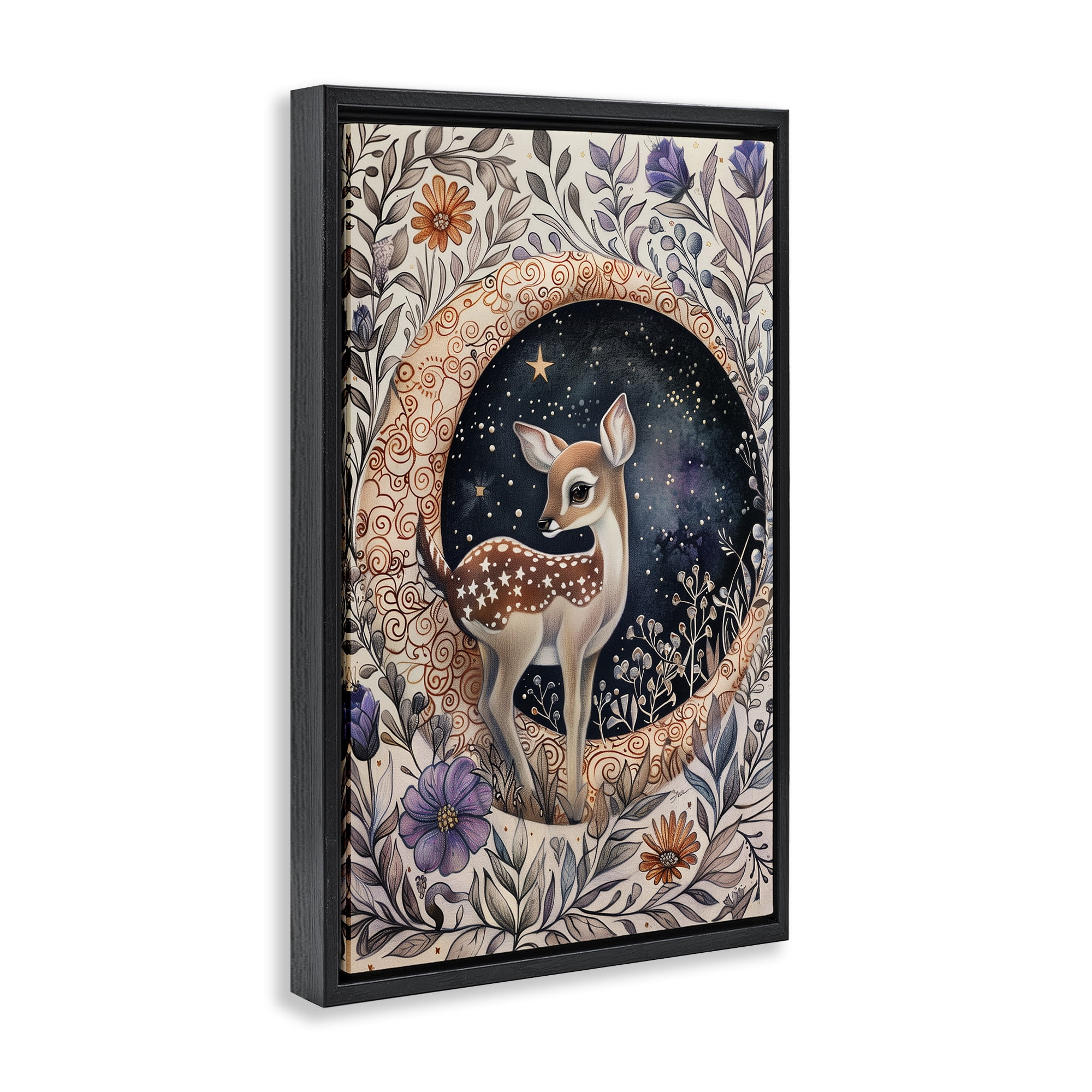 Stupell Industries Floral Fawn & Moon Animals & Insects Painting Black Floater Framed Art Print Wall Art, 21 x 31