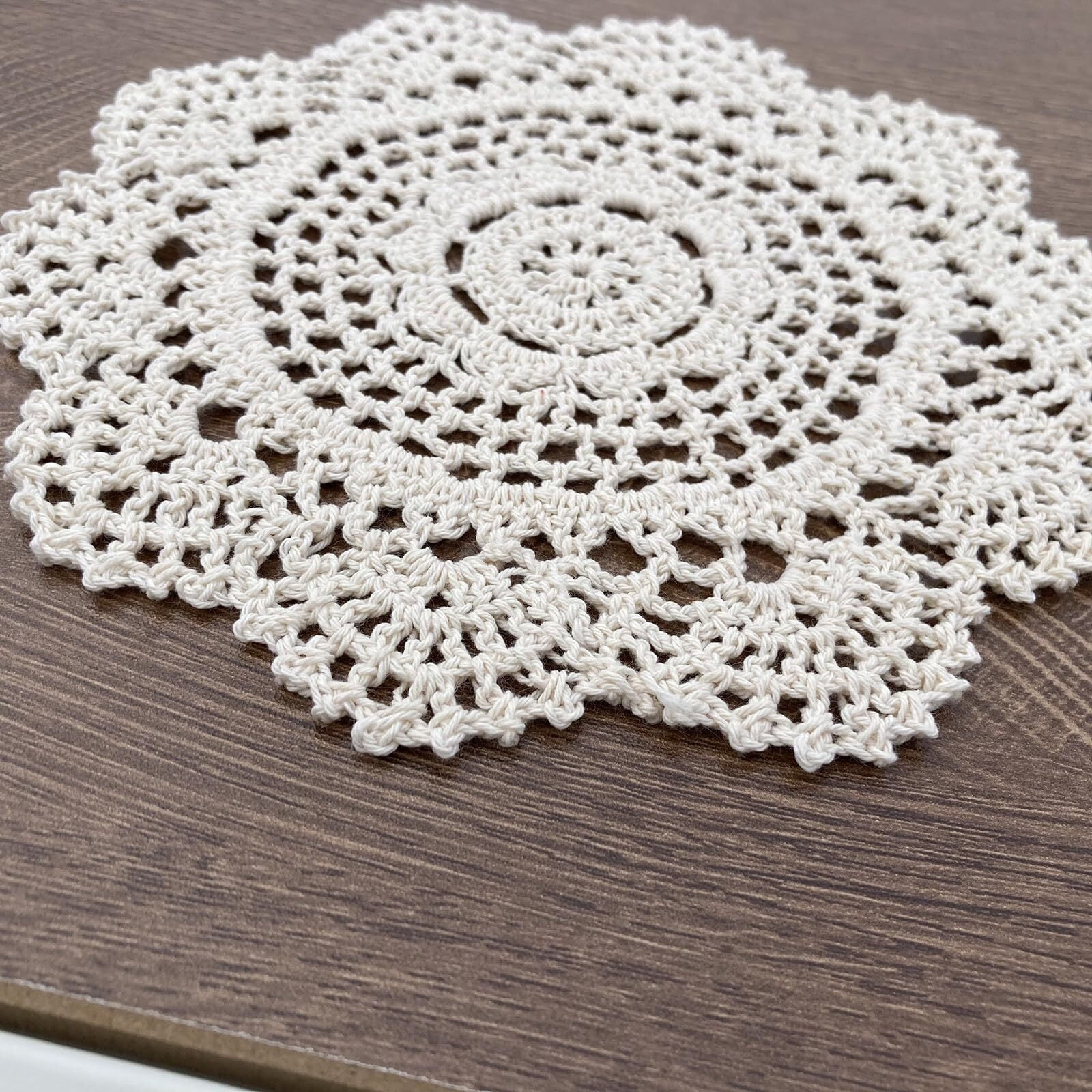 Beige Round 8 inch Crocheted Cotton Doily Floral Design Fabric Doilies Pack,Set of 2 Dollies Crochet Table Place Mats for Christmas Table Decoration